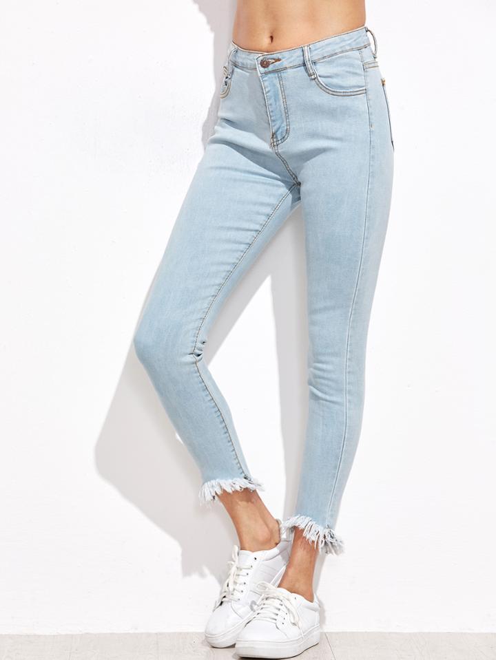 Romwe Pale Blue Fringe Hem Skinny Jeans