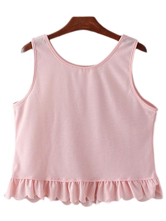 Romwe Pink Round Neck Ruffle Hem Sleeveless T-shirt