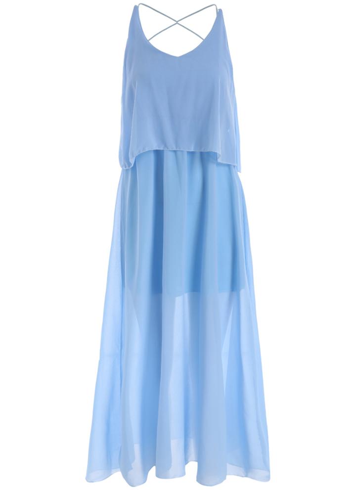 Romwe Spaghetti Strap Chiffon Shift Blue Dress