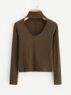 Romwe V Cut Choker Ribbed Sweater