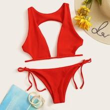 Romwe Open Back Ribbed Top With Tie Side Bikini Set