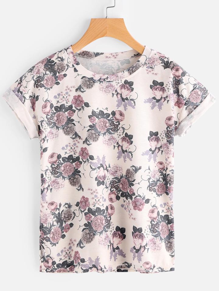 Romwe Ditsy Print Cuffed Tee