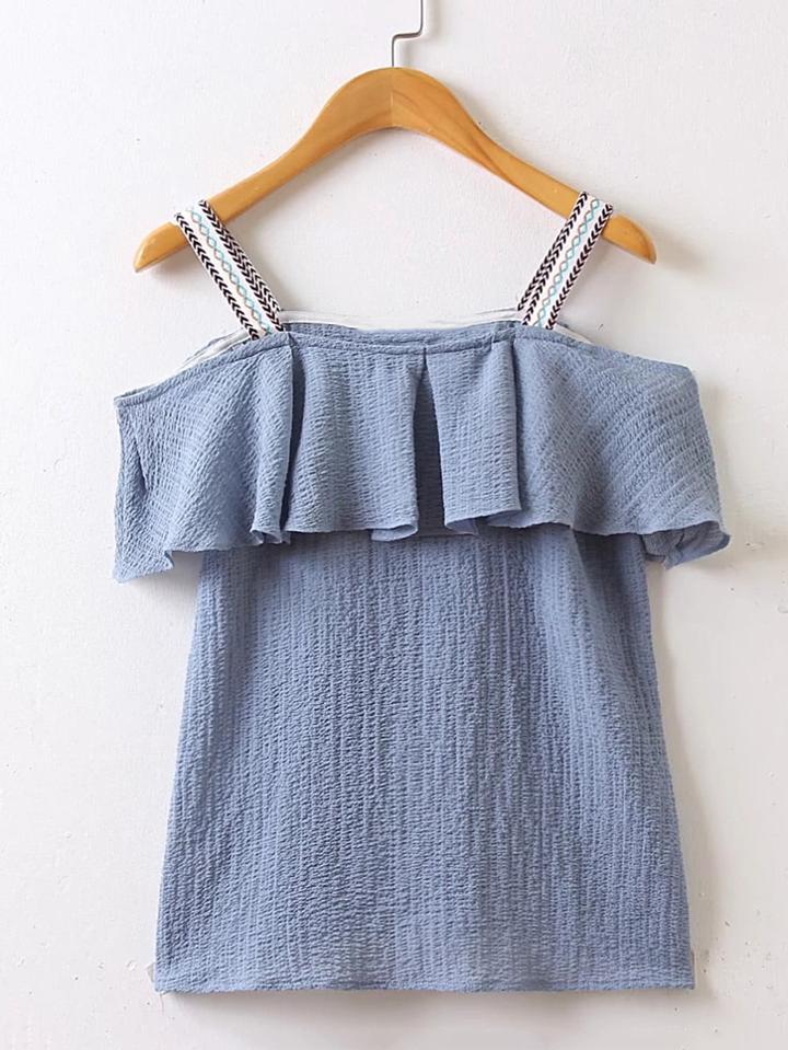 Romwe Embroidery Strap Ruffle Trim Top