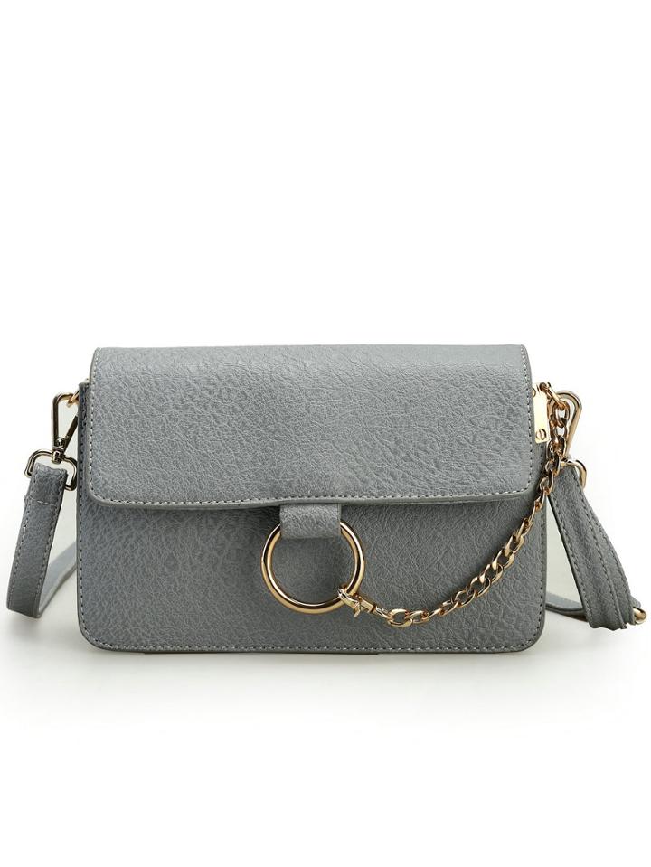 Romwe Embossed Faux Leather Chain Lock Flap Bag - Grey