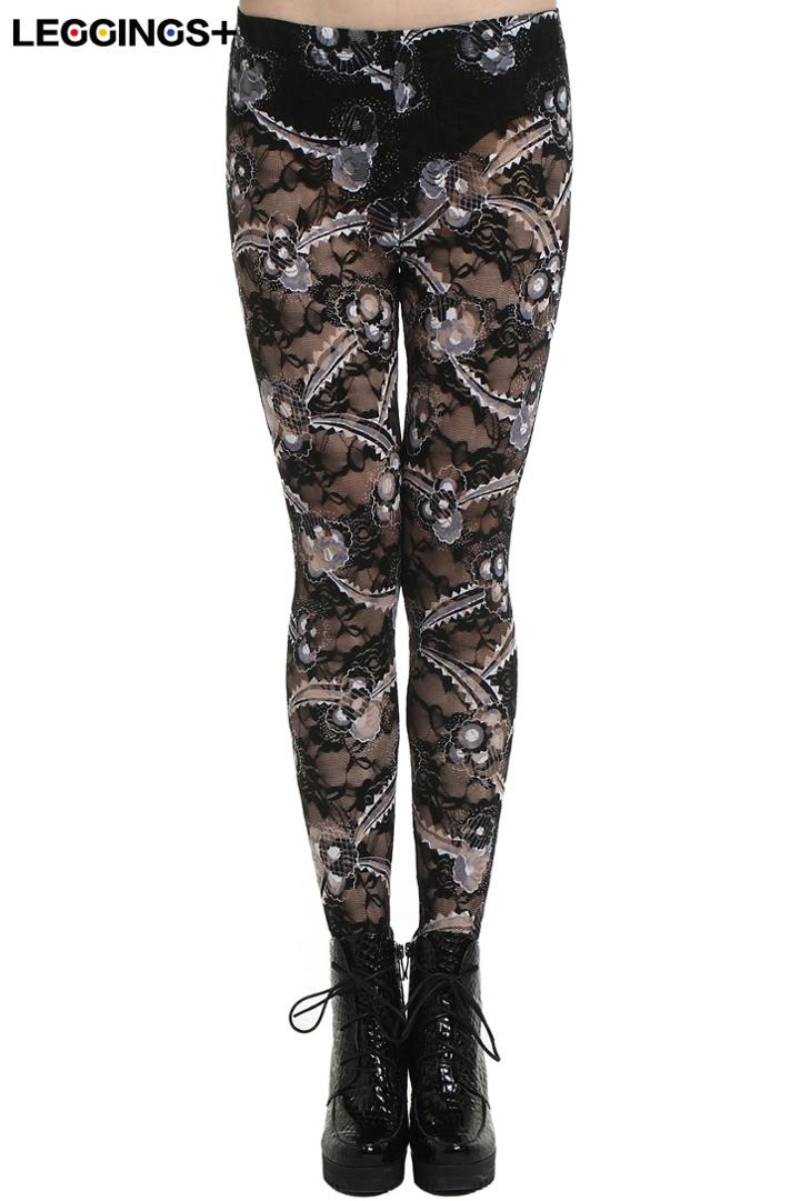 Romwe Romwe Metallic Sheer Mesh Floral Black-white Leggings