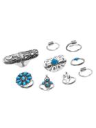 Romwe Antique Silver Turquoise Carved Multi Shape Ring Set