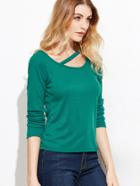 Romwe Green Cut Out Neck T-shirt