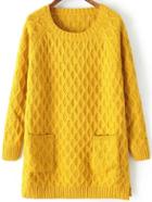 Romwe Round Neck Pockets Long Yellow Sweater