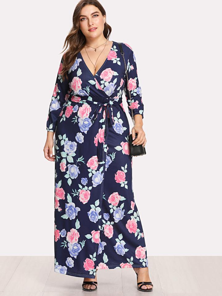 Romwe Surplice Neckline Self Tie Rose Dress