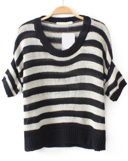 Romwe Striped Short Sleeve Knit Sweater