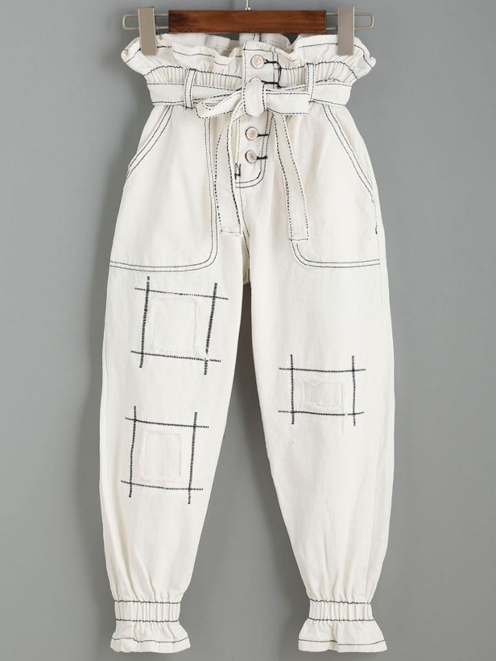 Romwe White Ruffle Embroidery Patch Topstitch Self Tie Denim Pants