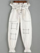Romwe White Ruffle Embroidery Patch Topstitch Self Tie Denim Pants