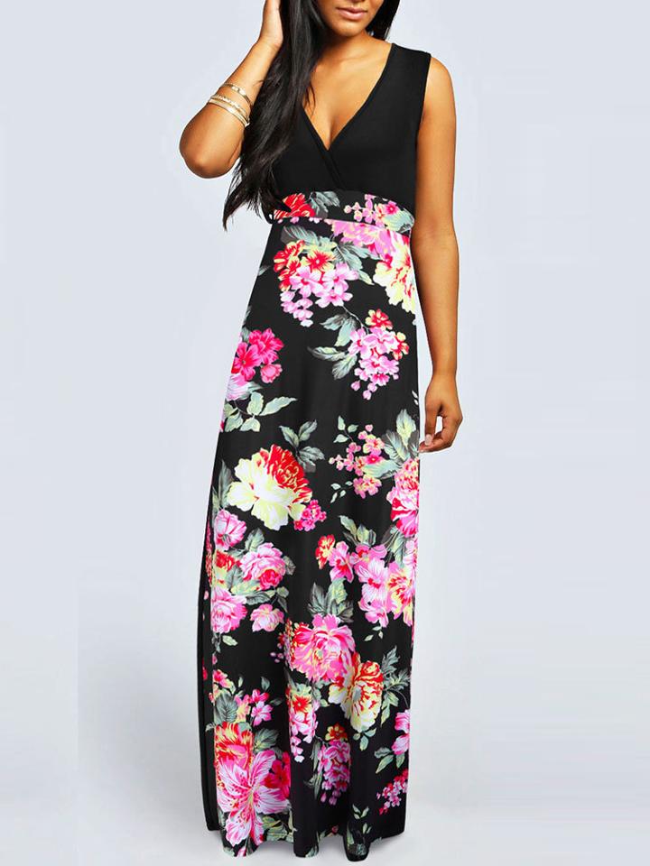 Romwe Plunge Neck Florals Maxi Dress