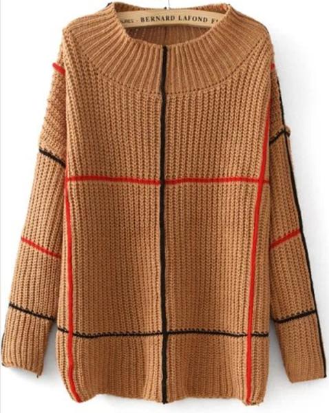 Romwe Check Print Loose Knit Khaki Sweater