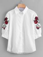 Romwe Symmetrical Embroidered Puff Sleeve Blouse