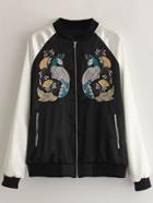 Romwe Black Peacock Embroidered Raglan Sleeve Bomber Jacket