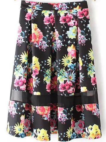 Romwe Contrast Mesh Florals Pleated Skirt