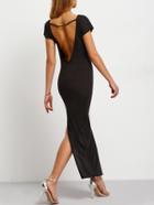 Romwe Black Short Sleeve Backless Split Maxi Dress