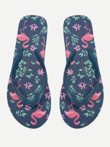 Romwe Flamingo Print Flat Slippers