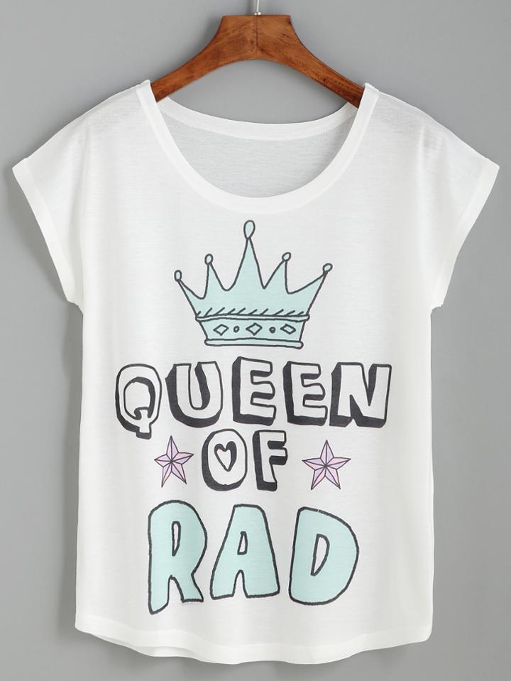 Romwe White Crown And Letter Print T-shirt