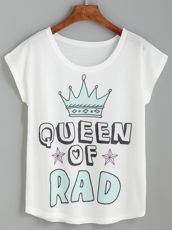 Romwe White Crown And Letter Print T-shirt