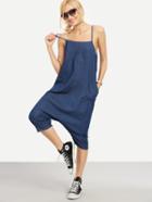 Romwe Buttoned Drop Crotch Blue Denim Overall Pants
