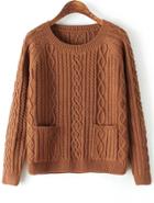 Romwe Cable Knit Pockets Khaki Sweater