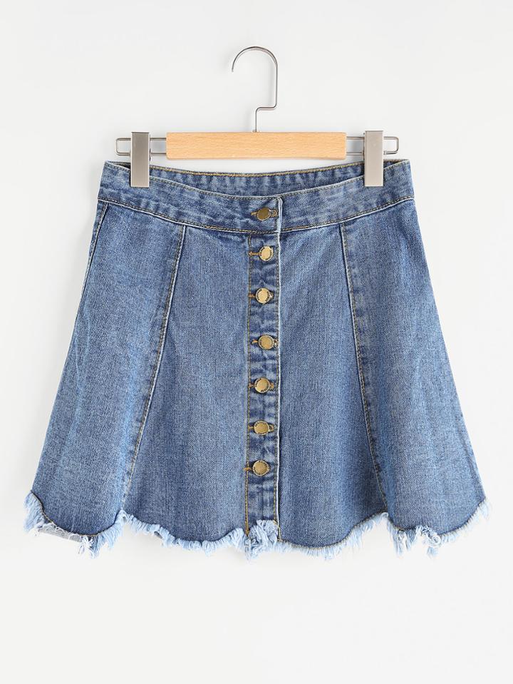 Romwe Single Breasted Frayed Hem Denim Skirt