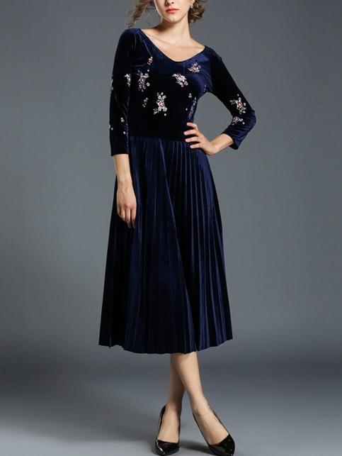 Romwe Botanical Print Pleated Velvet Dress