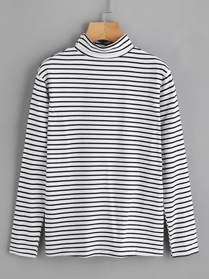 Romwe High Neck Striped T-shirt