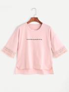 Romwe Pink Slogan Print Contrast Crochet High Low T-shirt