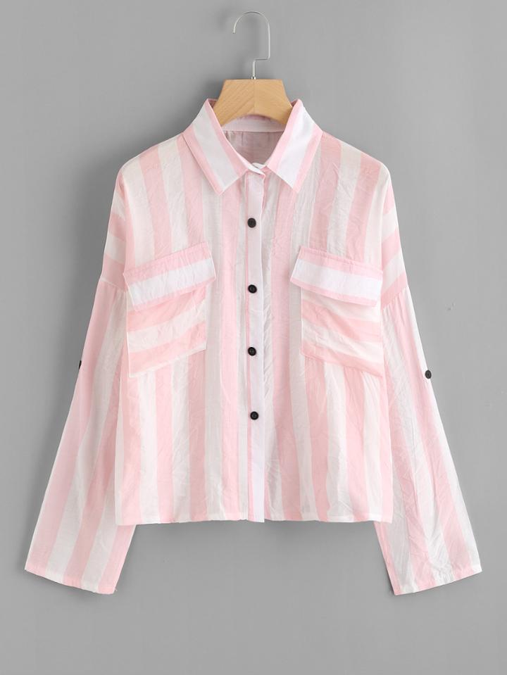 Romwe Drop Shoulder Dual Pocket Striped Shirt