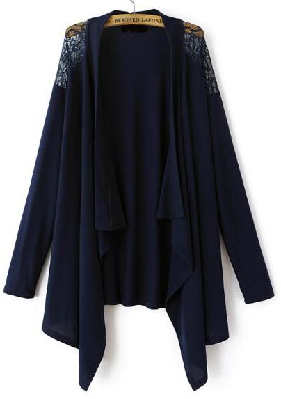 Romwe Navy Lace Shoulder Cardigan Sweater