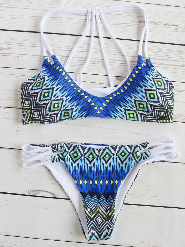 Romwe Geometric Print Strappy Back Bikini Set