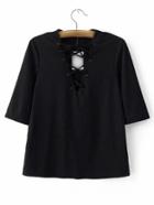 Romwe Black Half Sleeve Criss Cross Tie T-shirt