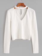 Romwe Beige Cut Out Choker Neck Keyhole Back Ribbed T-shirt