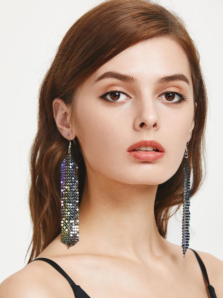 Romwe Metallic Sequin Statement Drop Earrings