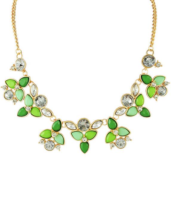 Romwe Green Gemstone Gold Leaves Chain Necklace