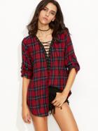 Romwe Red Plaid Roll Tab Sleeve Lace Up Blouse