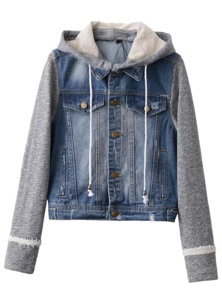 Romwe Blue Contrast Sleeve Drawstring Hooded Denim Jacket