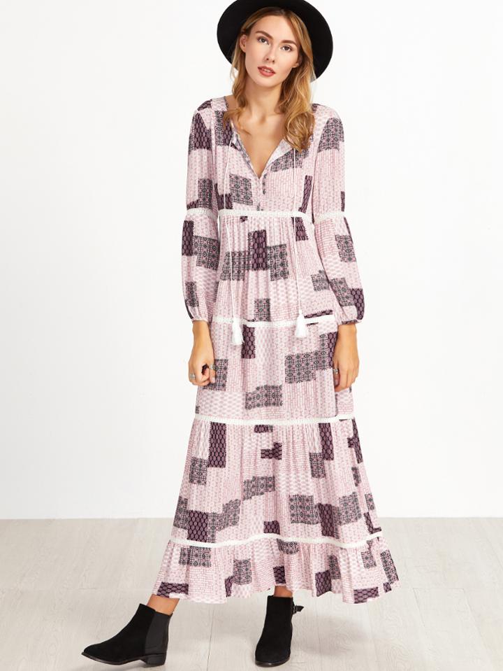 Romwe Pink Tribal Print V Neck Fringe Detail Dress