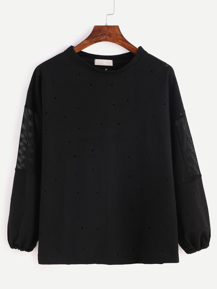 Romwe Black Contrast Mesh Eyelet T-shirt