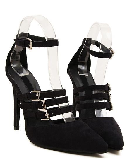 Romwe Black Point Toe Buckle Strap High Heeled Pumps