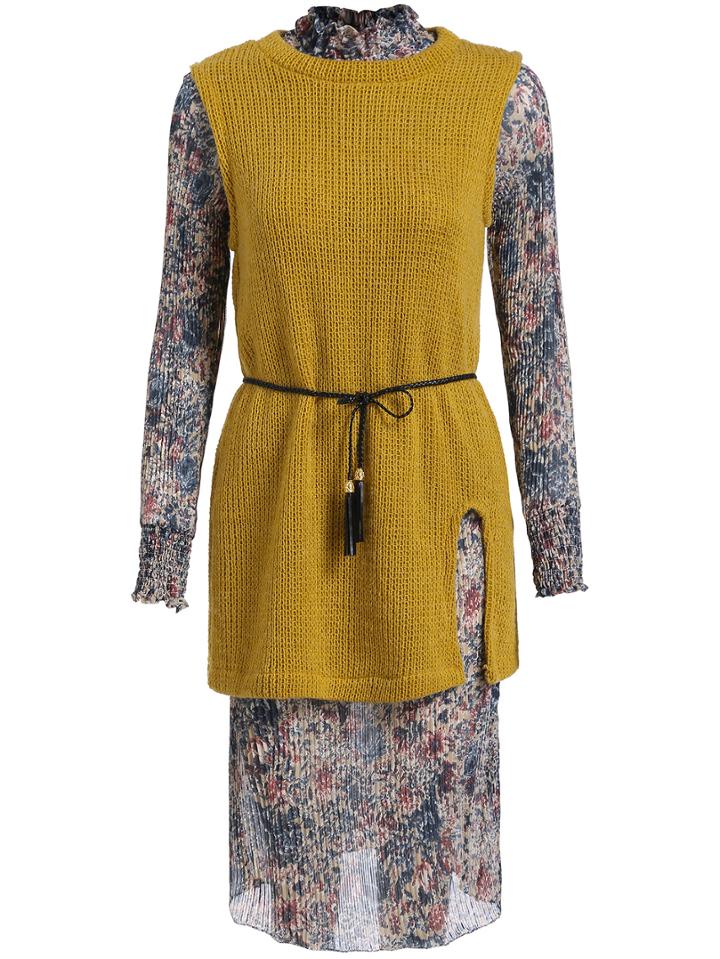 Romwe Frilly Collar Florals Dress With Split Sweater Vest