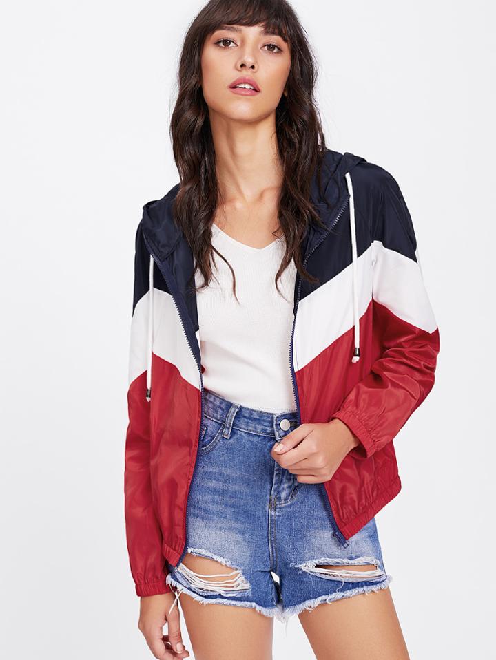 Romwe Cut And Sew Windbreaker Hooded Jacket