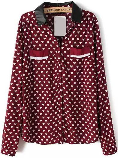 Romwe Lapel Heart Print Wine Red Blouse