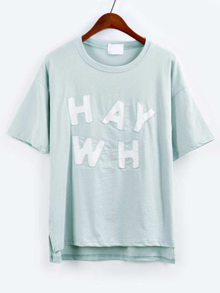 Romwe Green Letter Patch Drop Shoulder T-shirt