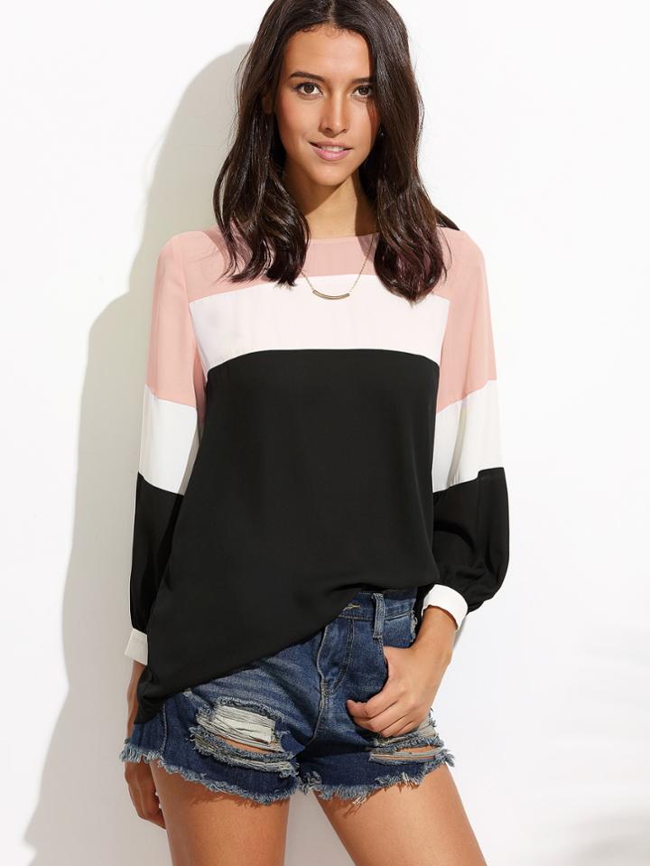 Romwe Lantern Sleeve Cut And Sew Blouse