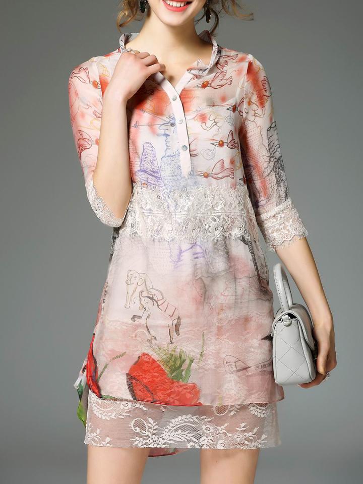 Romwe Multicolor High Low Two-piece Print Lace Dress