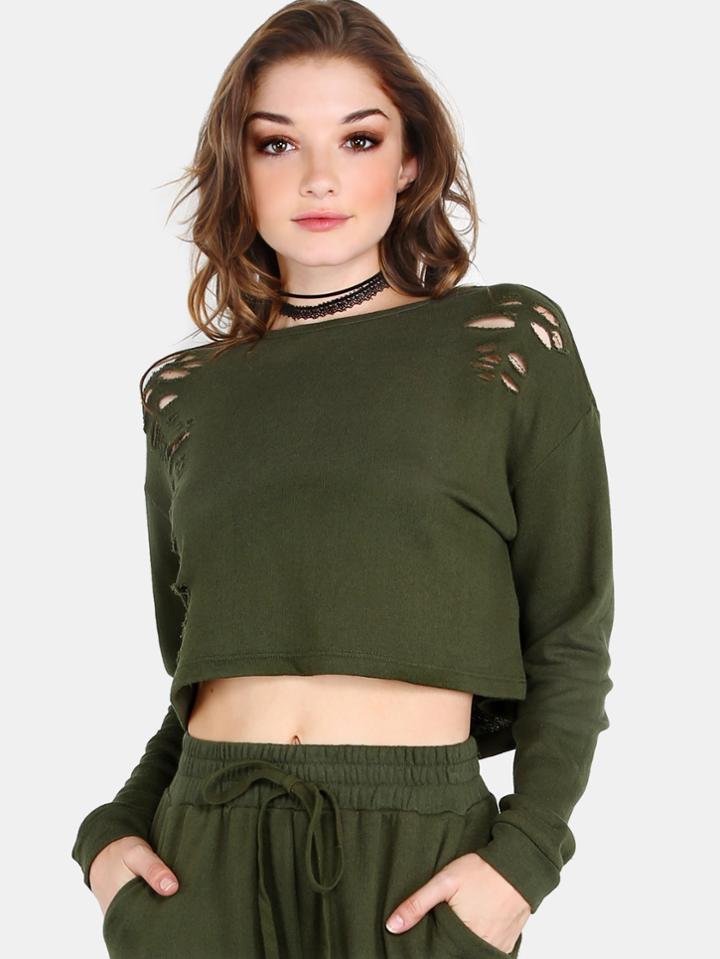 Romwe Distressed Cropped Pullover Olive